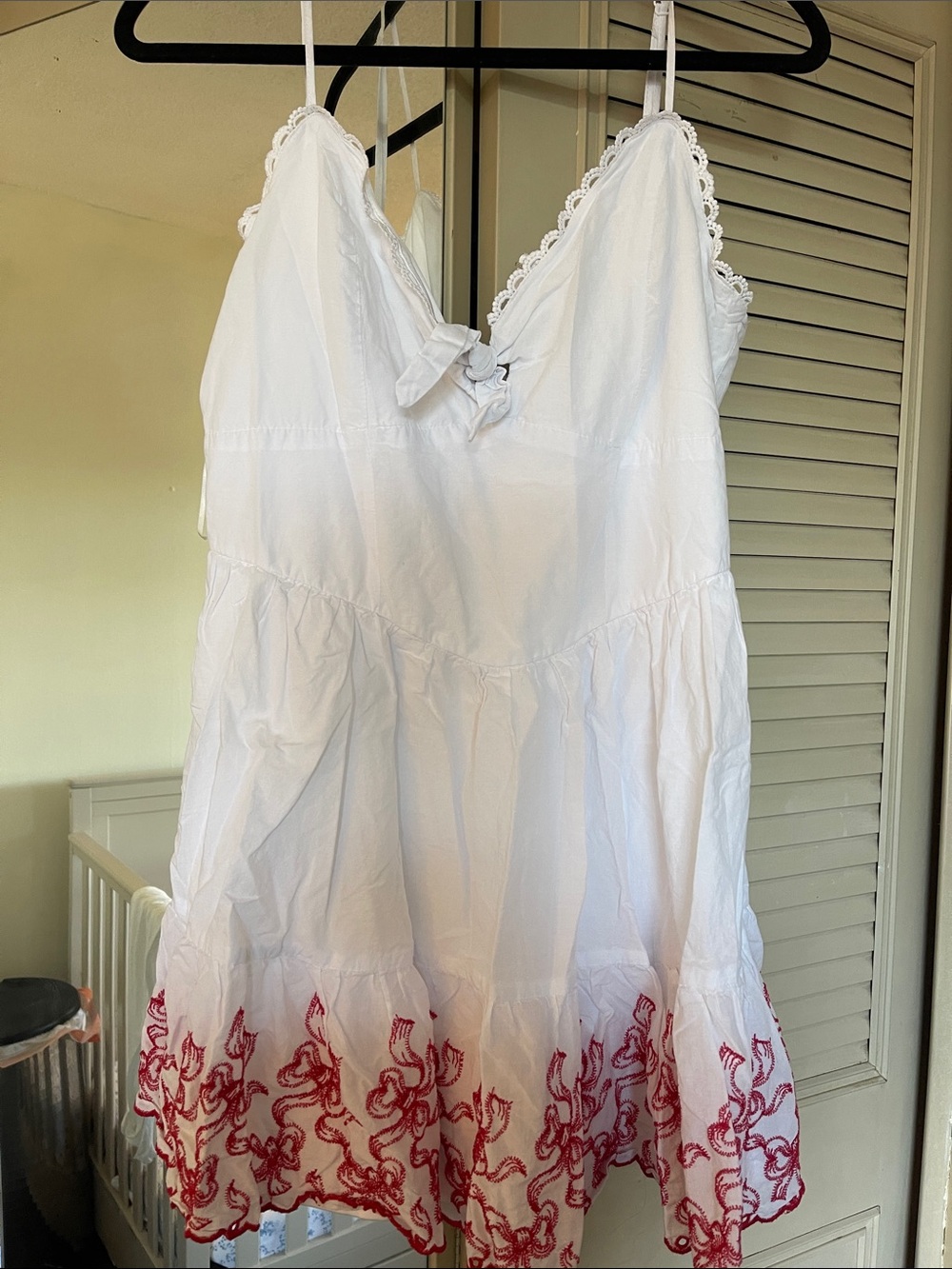 Francesca's Collections White Mini Dress with Red Embroidered Hem